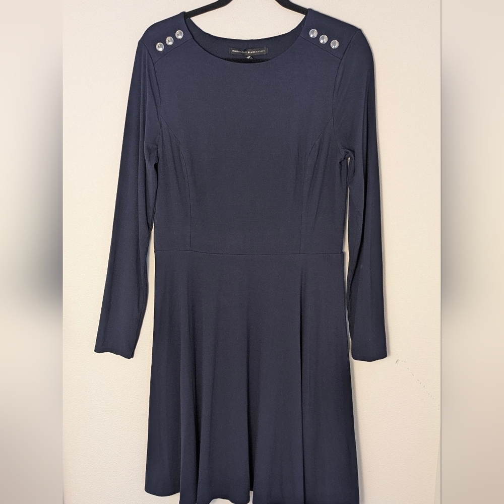 WHITE HOUSE BLACK MARKET FIT AND FLARE NAVY DRESS stretchy A-line SIZE 10 EUC
